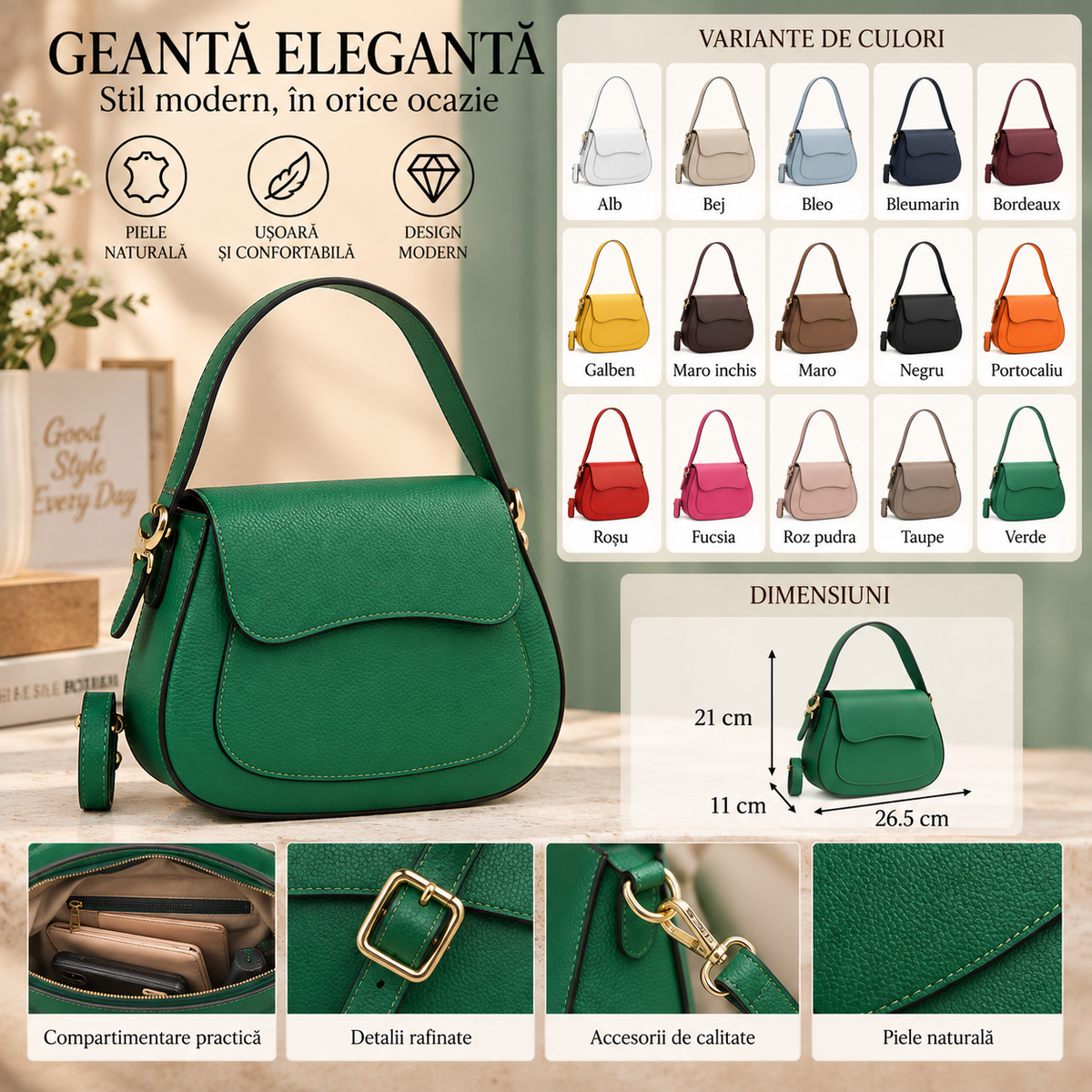 Geanta Dama din Piele Naturala 26.5 x 11 x 21 cm – 3 Buzunare si Bareta Reglabila