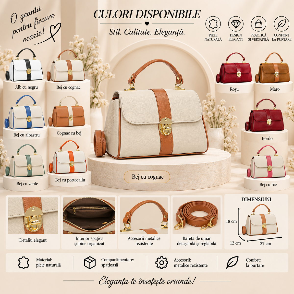 Geanta Dama din Piele Naturala 27 x 12 x 18 cm – 2 Compartimente si Bareta Reglabila