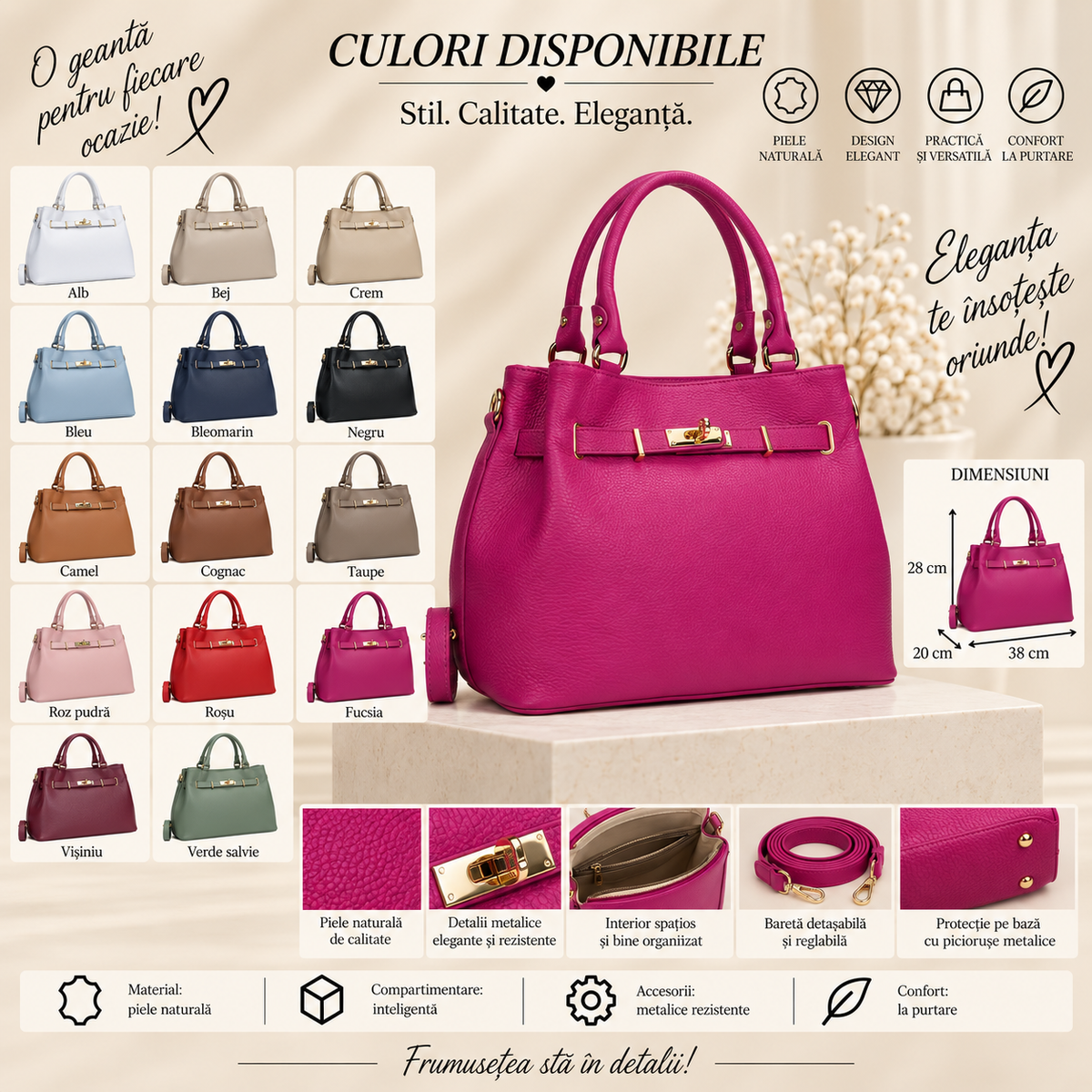 Geanta Dama din Piele Naturala 38 x 20 x 28 cm – Spatioasa, Eleganta si cu 3 Buzunare Interioare