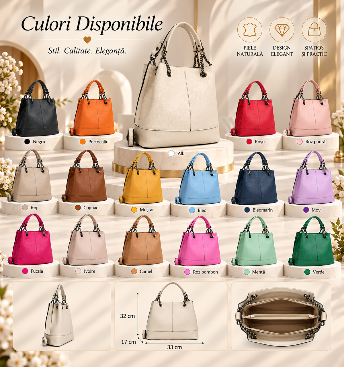 Poseta Dama din Piele Naturala 33 x 17 x 32 cm – Spatioasa, Eleganta si cu 3 Compartimente