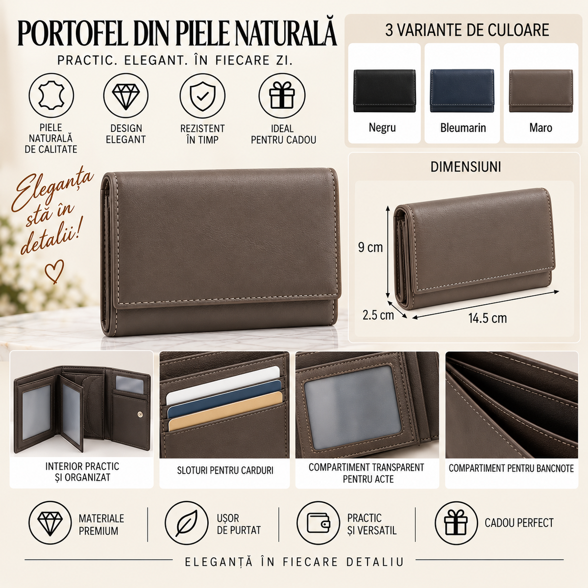 Portofel Dama din Piele Naturala 14.5 x 2.5 x 3 cm – Mini, Elegant si Compact