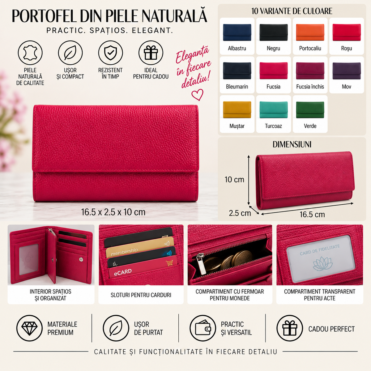 Portofel Dama din Piele Naturala 16.5 x 2.5 x 10 cm – Elegant, Compact si Compartimentat