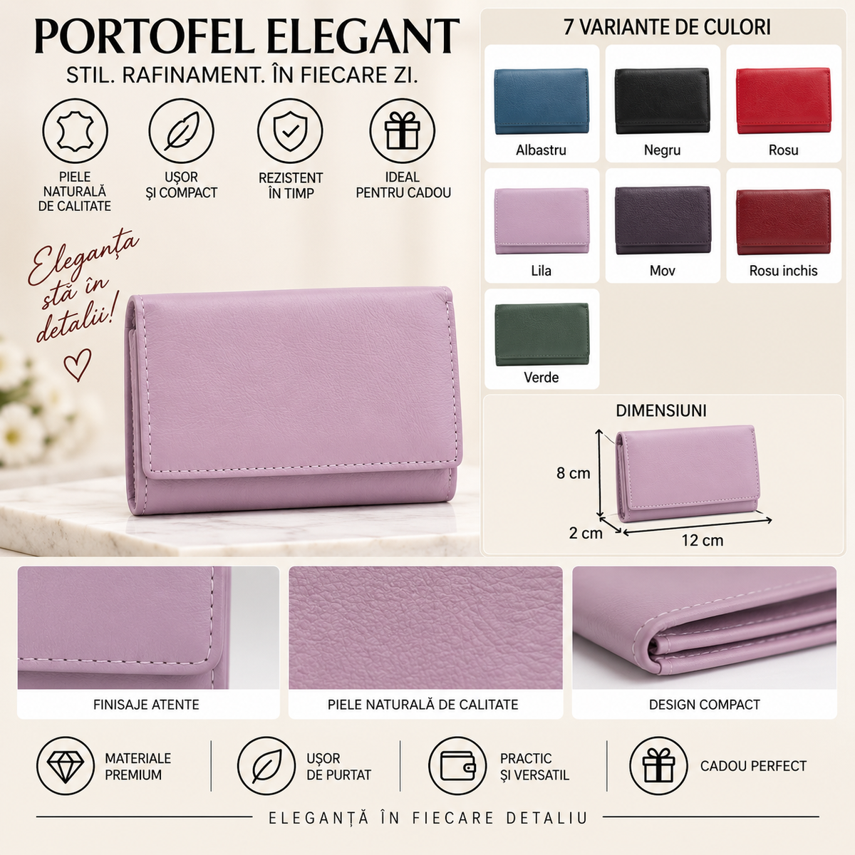 Portofel Dama din Piele Naturala 12 x 2 x 8 cm – Mini, Compact si Elegant
