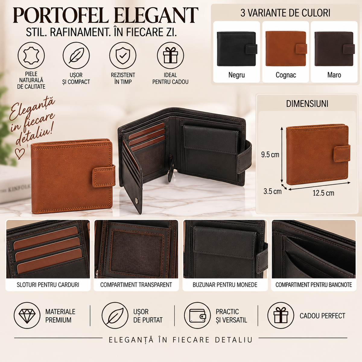 Portofel din Piele Naturala 12.5 x 3.5 x 9.5 cm – Compact, Elegant si Practic