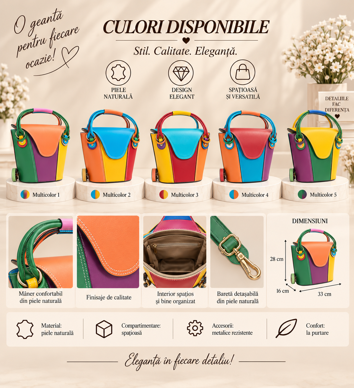 Geanta Dama din Piele Naturala 33 x 16 x 28 cm – 3 Compartimente, Spatioasa si Eleganta
