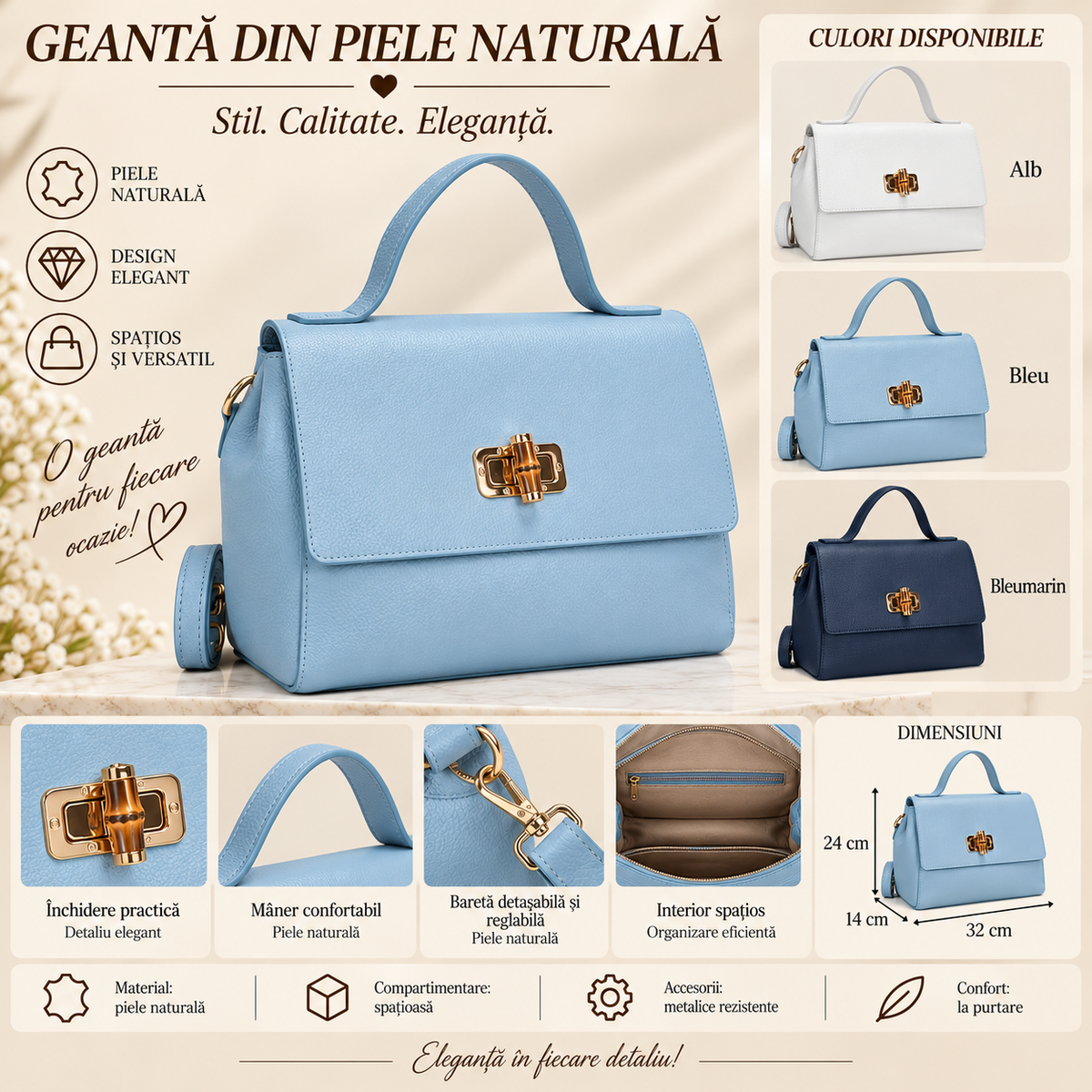 Geanta Dama din Piele Naturala 32 x 14 x 24 cm – Eleganta, 3 Buzunare si Bareta Reglabila