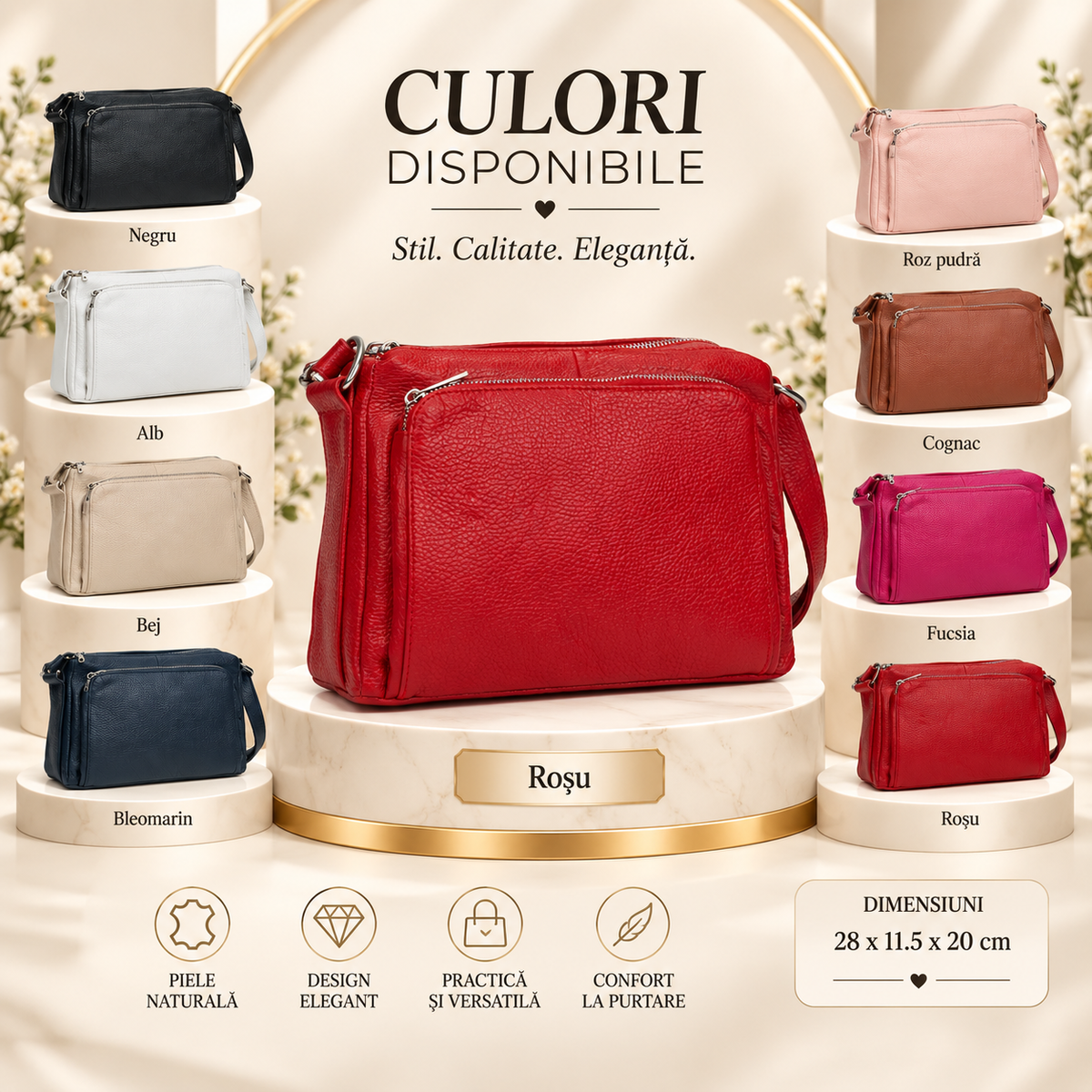 Geanta Dama din Piele Naturala 28 x 11.5 x 20 cm – 2 Compartimente, 3 Buzunare Exterioare si Bareta Reglabila
