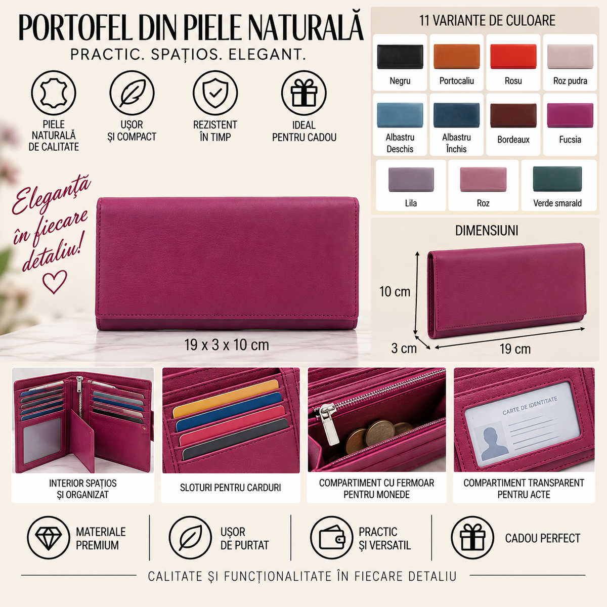 Portofel Dama din Piele Naturala 19 x 3 x 10 cm – Elegant, Spatios si Compartimentat
