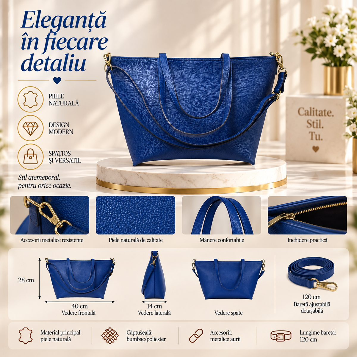 Geanta Dama de Umar din Piele Naturala Albastru Regal – Spatioasa, Eleganta si cu Bareta Reglabila