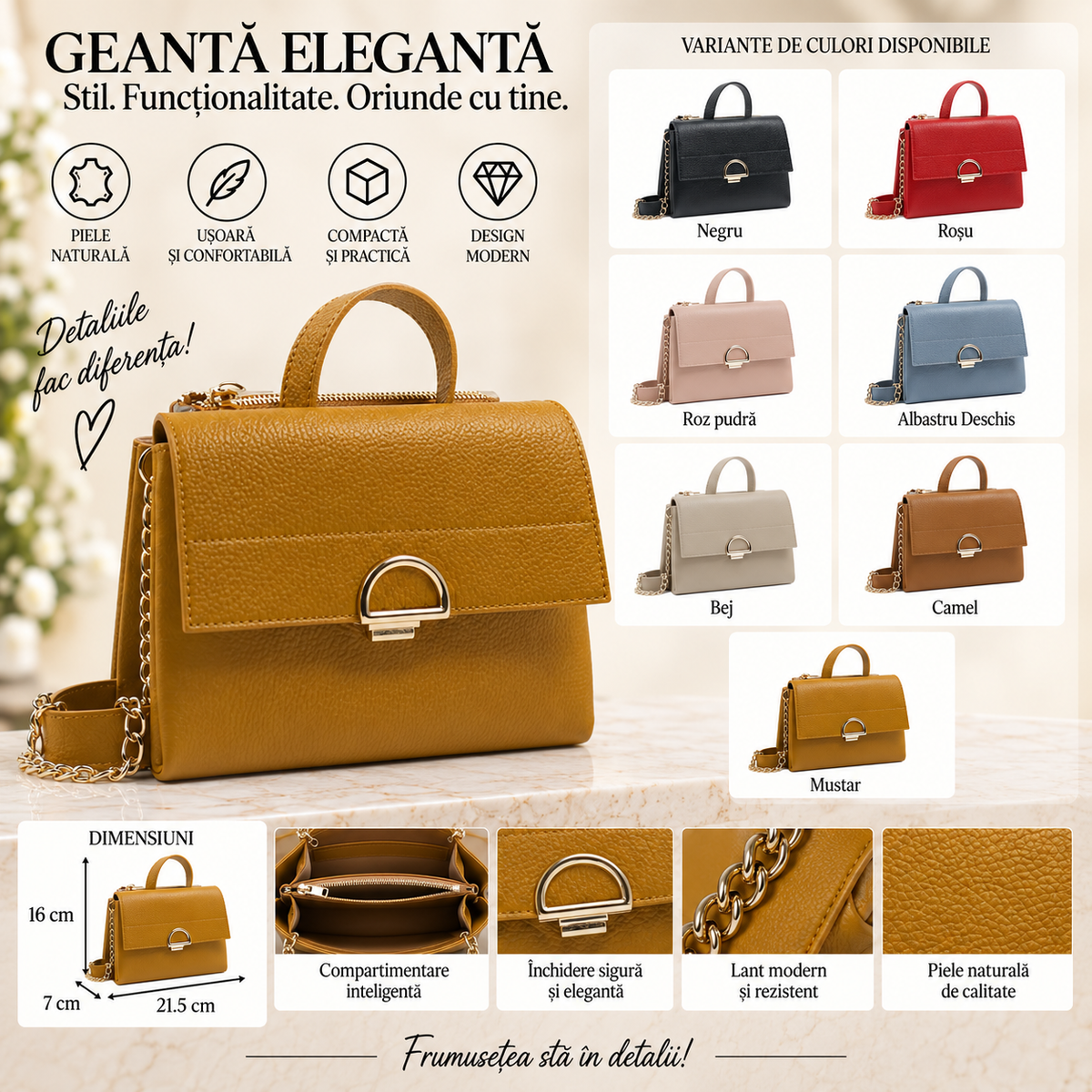 Geanta Mini Dama din Piele Naturala 21.5 x 7 x 16 cm – 2 Compartimente si 2 Barete