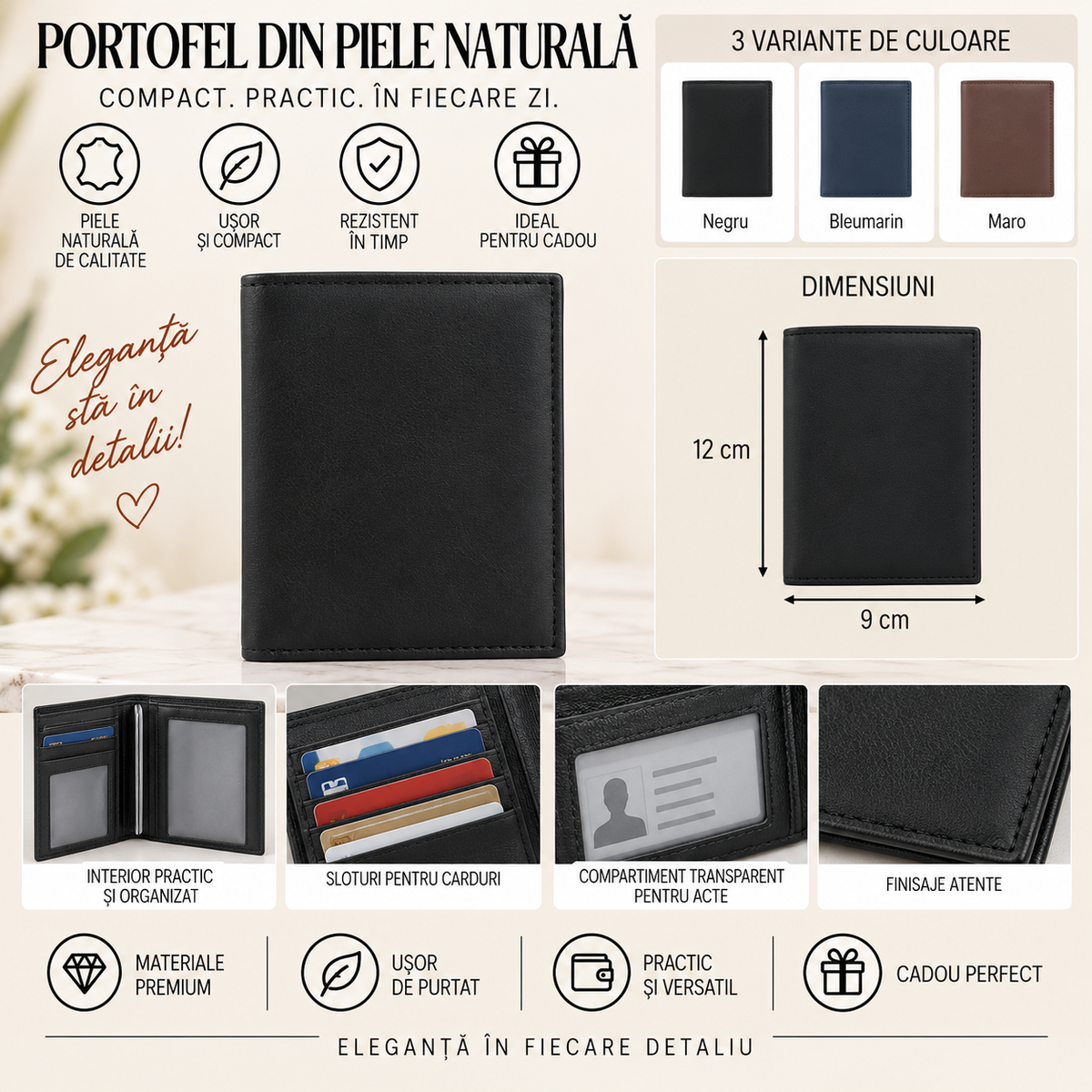 Portofel din Piele Naturala 12 x 9 cm – Compact, Elegant si Practic