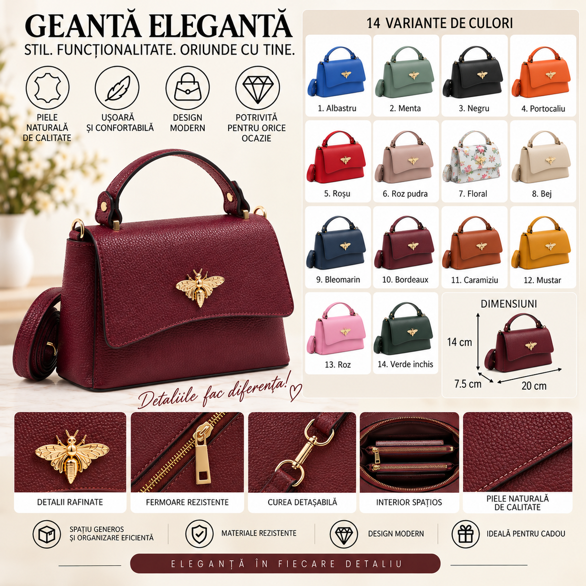 Geanta Mini Dama din Piele Naturala 20 x 7.5 x 14 cm – Compacta, Eleganta si cu Bareta Reglabila
